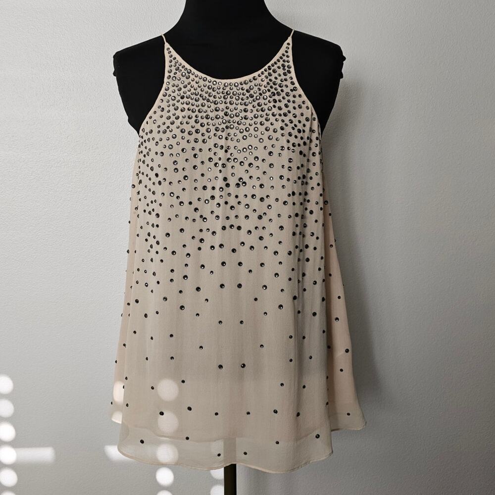 EUC *MILLY* Women's Tan Heavy Embellished Silk Chiffon Cami Tank Top Blouse 2